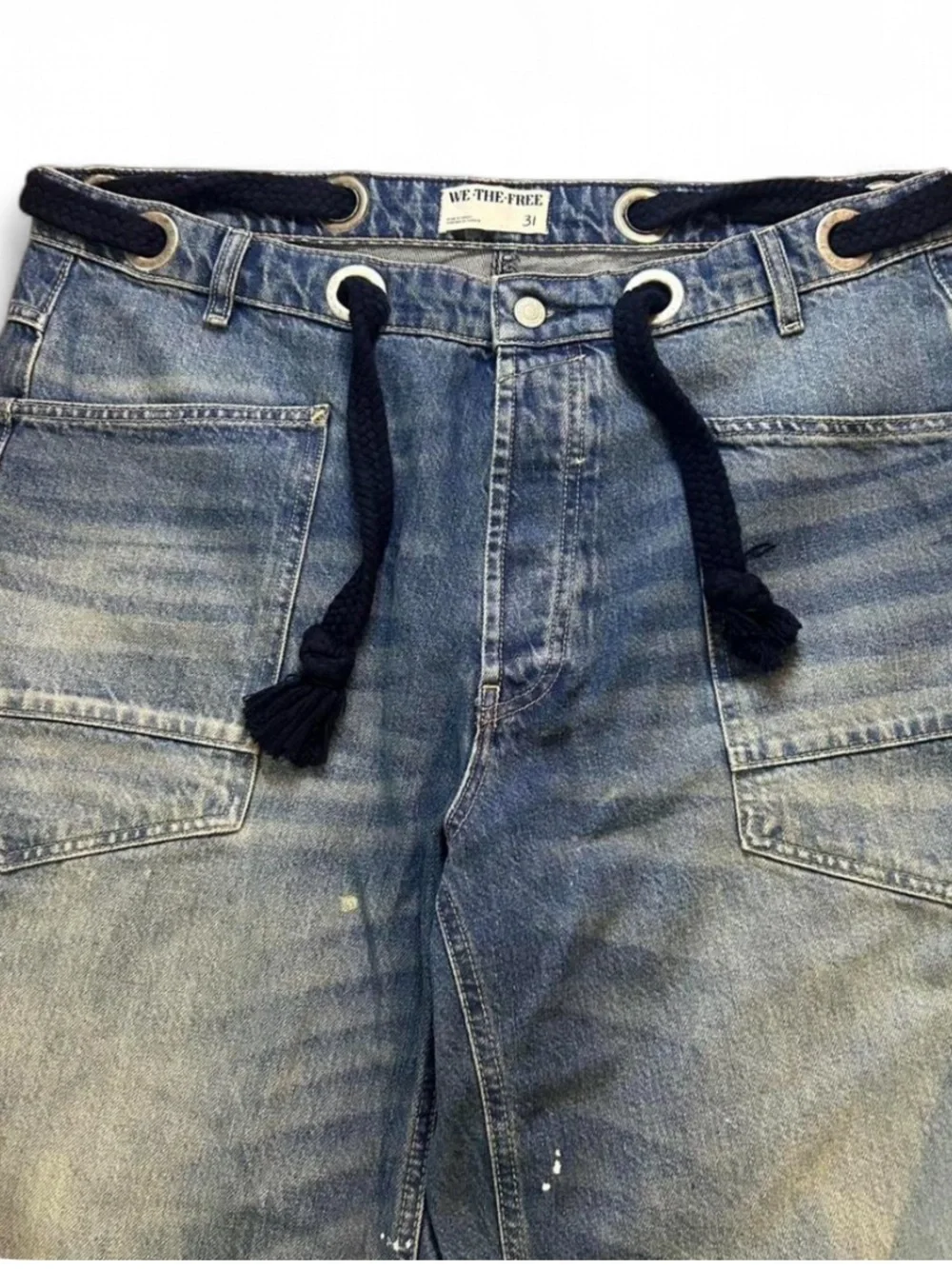 We The Free Blue Paint-Splatter Wide-Leg Barrel Jeans in Timeless Blue - Picture 7 of 9